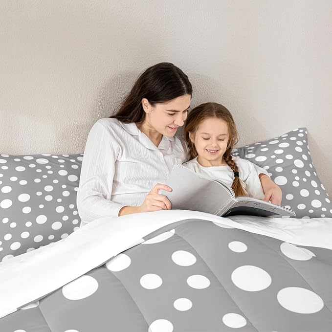 Manfei White Polka Dots Comforter Set Twin Size,French Style Cute Dots Print Bedding Set for Kids Teens,Simple Gray White Geometric Circles Comforter,2 Pcs 1 Pillowcase