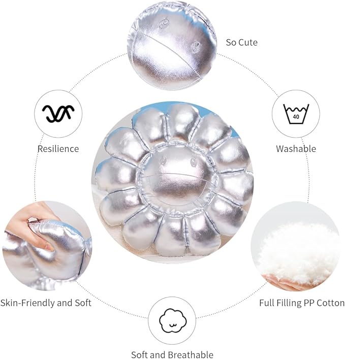 FIONOUT Silver Flower Pillow,16.53" Sunflower Plush Pillows for Bedroom Aesthetic, Soft Smiley Face Pillow Flower Floor Cushion,Cute Daisy Plush for Room Decor