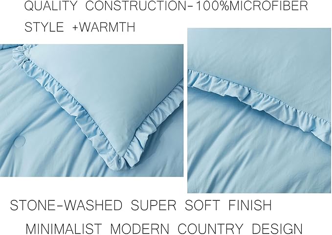 Chezmoi Collection Nora Chambray Blue Comforter Set Queen Size 3-Piece Lightweight Fluffy Soft Lightweight Bedding Ruffled Edge Trim Stone-Washed Microfiber Comforter Set for All Season