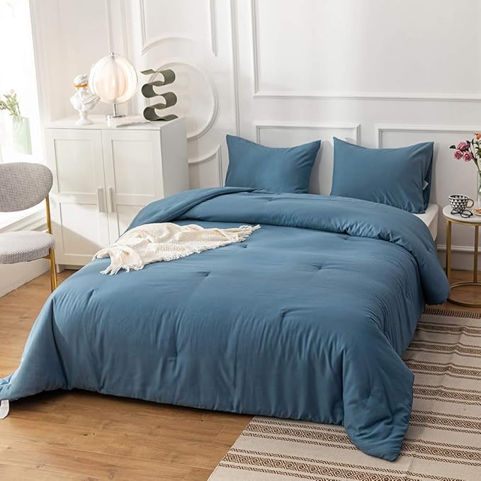 Pureant Blue Comforter Set Twin 3Pcs Dusty Blue Bedding Comforter Sets for Women Men Cotton Lake Blue Twin Comforter Soft Grayish Blue Twin Size Comforter Sets Solid Haze Blue Quilt Breathable