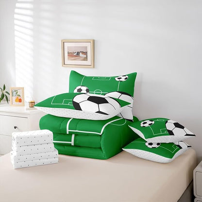 Erosebridal Football 7 Piece Bedding Set Queen Boys Sports Theme Comforter Set with Sheets Soccer Ball Pattern Playground Bed in a Bag Football Court Green White for Kids Boys Girls