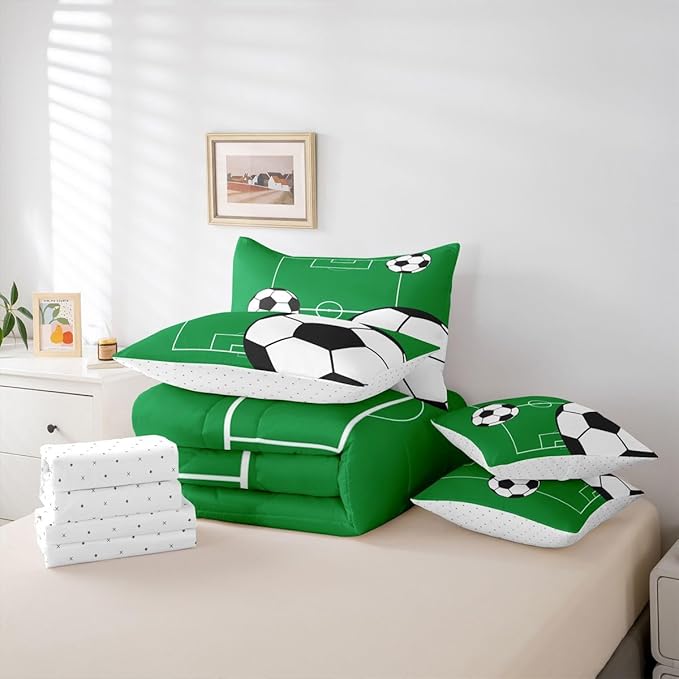 Erosebridal Football 7 Piece Bedding Set Twin Boys Sports Theme Comforter Set with Sheets Soccer Ball Pattern Playground Bed in a Bag Football Court Green White for Kids Boys Girls