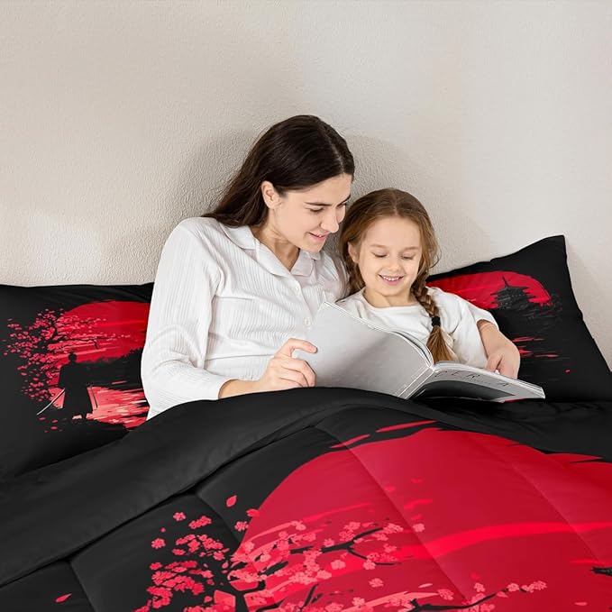 Erosebridal Samurai Comforter Set, Sunset Bedding Set, Japanese Samurai Warm Soft Down Comforter, Scenery Silhouette Bedroom Decor 3Pcs Duvet Set for Men Boys Teens, Queen Size