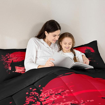 Erosebridal Samurai Comforter Set, Sunset Bedding Set, Japanese Samurai Warm Soft Down Comforter, Scenery Silhouette Bedroom Decor 3Pcs Duvet Set for Men Boys Teens, King Size
