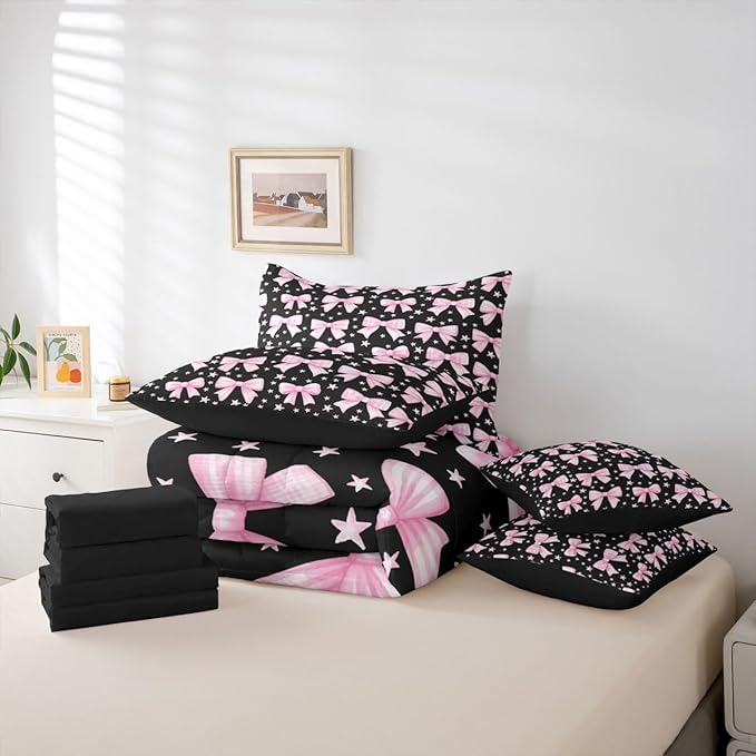 Erosebridal Kawaii Cute Black Pink Girls Bowknot Full Comforter Set 7 Pieces | Bow Kids Bed in A Bag for Bedroom Y2K Starry Bedding Set with Comforters Princess Room Decor