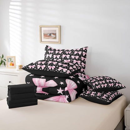 Erosebridal Kawaii Cute Black Pink Girls Bowknot Full Comforter Set 7 Pieces | Bow Kids Bed in A Bag for Bedroom Y2K Starry Bedding Set with Comforters Princess Room Decor