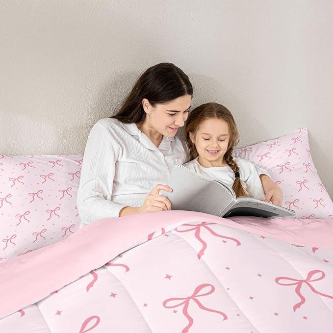 Erosebridal Pink Bow Queen Bedding Set for Girls Women Ribbon Bows Comforter Set Preppy Bows Comforter for Kids Adults Coquette Room Decor Girly Princess Pink Quilt Duvet