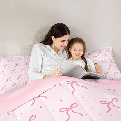 Erosebridal Pink Bow King Bedding Set for Girls Women Ribbon Bows Comforter Set Preppy Bows Comforter for Kids Adults Coquette Room Decor Girly Princess Pink Quilt Duvet