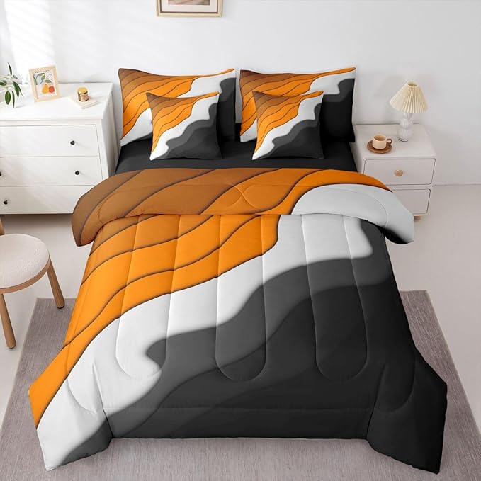 Orange Grey Black Ombre Full Comforter Set 7 Pieces Kids Teens Adults Geometric Stripe Bedding Comforter Sets, Aesthetic Wave Bed in a Bag Modern Abstract Bedding Set, Gradient Bed Sheets Set