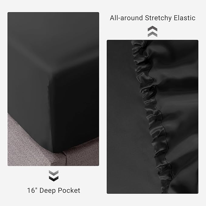 THXSILK 100% Mulberry Silk Fitted Sheet Set, 7A+ Silk 3 Pieces Bed Sheets, Breathable, Smooth, 16 Inch Deep Pocket Fitted Sheet, 2 Pillowcases - Black, California King