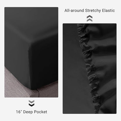 THXSILK 100% Mulberry Silk Fitted Sheet Set, 7A+ Silk 3 Pieces Bed Sheets, Breathable, Smooth, 16 Inch Deep Pocket Fitted Sheet, 2 Pillowcases - Black, California King