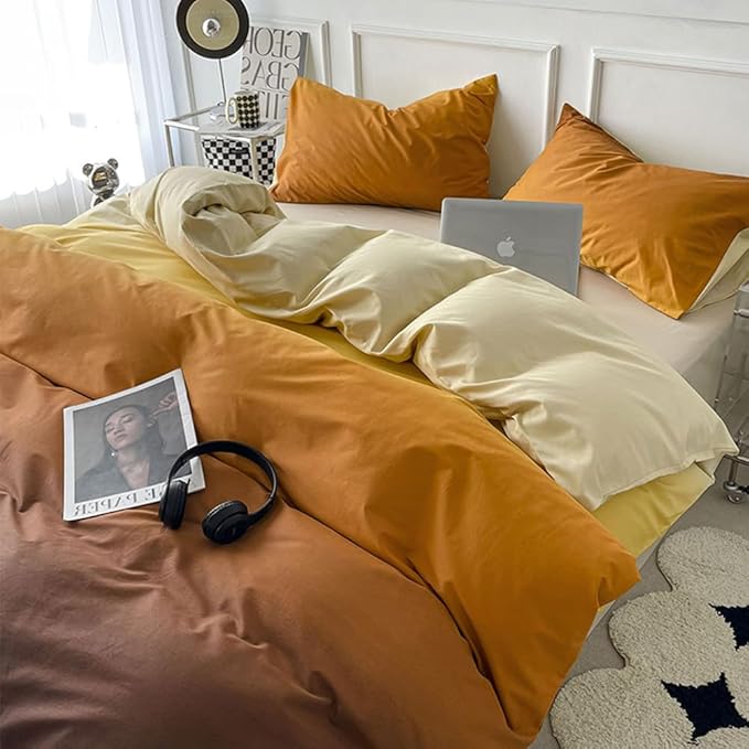 CLOTHKNOW Orange Yellow King Size Comforter Set 3Pcs Brown Gradient Bedding Comforter Sets Soft Brownish Comforter with 2 Pillow Cases
