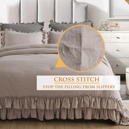 Masaca Taupe Ruffle Full Size Comforter Sets,Farmhouse Shabby Boho Chic Full Size Bedding Sets,Aesthetic Lightweight Rustic Bed Comforter Sets 3 Pieces (1 Ruffled Comforter and 2 Pillowcases)