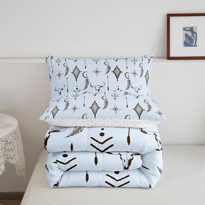 Feelyou Blue Western Bull Skull Comforter Set Boho Ethnic Horns Bedding Set Full Size for Kids Adult Tribal Symbol Mysterious Aztec Comforter