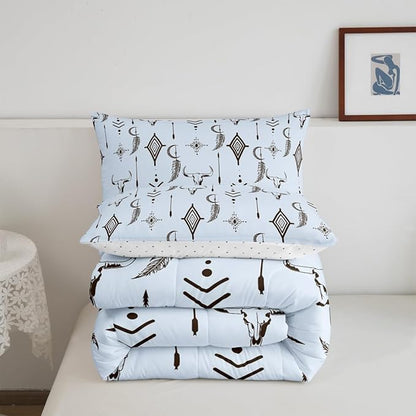 Feelyou Blue Western Bull Skull Comforter Set Boho Ethnic Horns Bedding Set Toddler Size for Kids Adult Tribal Symbol Mysterious Aztec Comforter