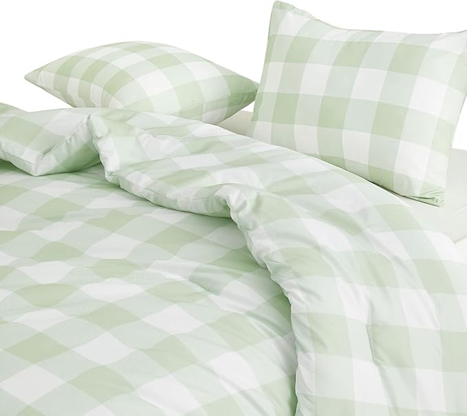 Wake In Cloud - Gingham Comforter Set, Plaid Buffalo Check Checkered Cottagecore Cute Geometric, Soft Lightweight Bedding, 3 Pieces, Sage Green, Queen Size