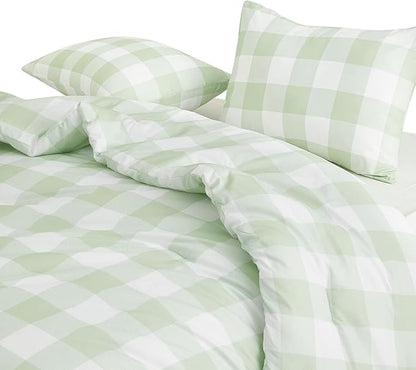 Wake In Cloud - Gingham Comforter Set, Plaid Buffalo Check Checkered Cottagecore Cute Geometric, Soft Lightweight Bedding, 3 Pieces, Sage Green, Queen Size