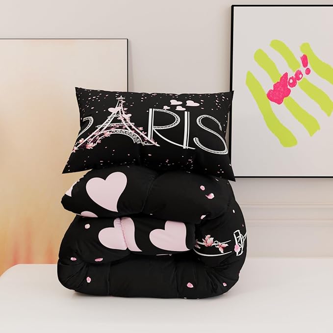 Paris Eiffel Tower Theme Comforter Set, 3D Black Pink Pattern for Kids Teens Adults,Decorative Bedding Comforter Sets with 2 Pillow Shams, King Size