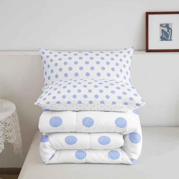 Manfei Blue Polka Dots Comforter Set,Geometric Circles Purple White Simple Art Bedding Set for Adults Living Room,French Style Dots Cartoon Cute Quilt Set 3 Pcs with 2 Pillowcases,King