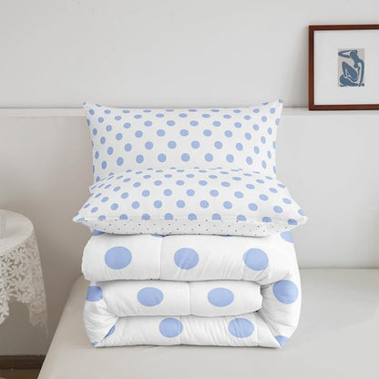 Manfei Blue Polka Dots Comforter Set,Geometric Circles Purple White Simple Art Bedding Set for Adults Living Room,French Style Dots Cartoon Cute Quilt Set 3 Pcs with 2 Pillowcases,King