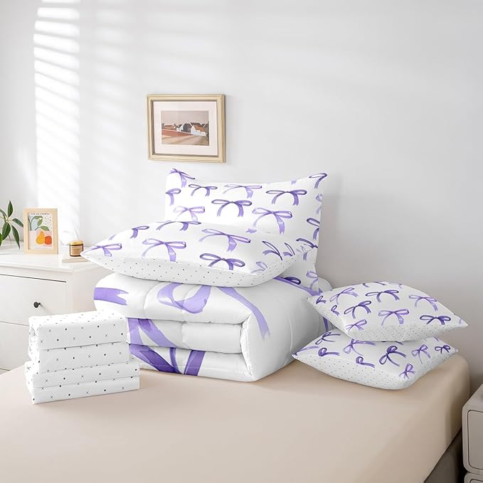 Feelyou Bow Bedding Set for All Season Boys Girls King Size Purple Girls Bow 7 Pieces Comforter Sets for Kids Women Men Cute Bowknot Bed in a Bag with Comforter, Sheets, Pillowcases & Cushion Cover