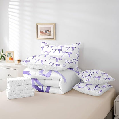 Feelyou Bow Bedding Set for All Season Boys Girls Full Size Purple Girls Bow 7 Pieces Comforter Sets for Kids Women Men Cute Bowknot Bed in a Bag with Comforter, Sheets, Pillowcases & Cushion Cover