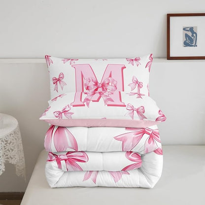 Erosebridal Pink Bowknot Toddler Bedding Set for Girls,Initial Letter M Comforter Set for Kids Teen Women Room Decor,Pink Watercolor Monogrammed Bedding Comforter Sets Dreamy Princess Bow Quilt Duvet