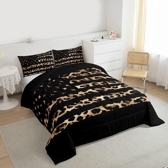 Feelyou American Flag Leopard Kids Comforter Set Full Size Hunting Bedding Set Brown Cheetah Print Duvet Quilt for Kids Boys Girls Bedroom Animal Fur Decor Microfiber Ultra Soft Breathable