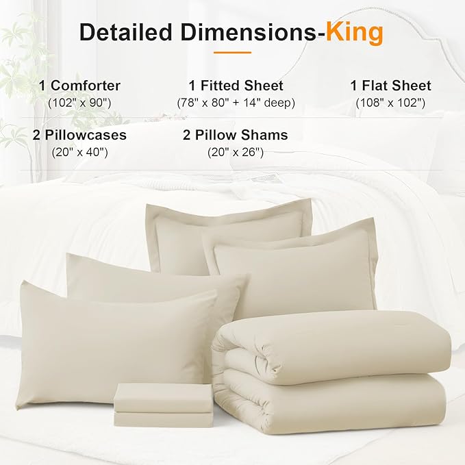 King Size Comforter Set 7 Pieces - Soft Bed in a Bag King Bed Set, Cozy Luxury Bedding Sets with All Season Comforter, Flat Sheet, Fitted Sheet, 2 Pillowcases & 2 Shams, Beige