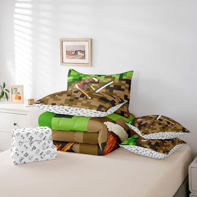 Castle Fairy Axe Sword Comforter Sets - 7 Pieces Full Size,Camouflage Blocks All Season Reversible Bed in a Bag Miner Theme Bedding Set Pixel Style Flat Sheet,Fitted Sheet,Pillowcases