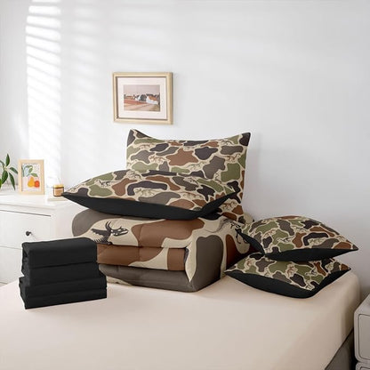 Erosebridal Camo Dino 7 Piece Bedding Set Full Army Camouflage Comforter Set with Sheets Dinosaur Skeleton Farmhouse Green Bed in a Bag Boys Vintage Hunting Theme Bed Sets Comforter