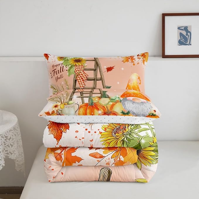 Erosebridal Happy Fall Gnomes Bedding Set Thanksgiving Pumpkin Comforter Set King Fall Home Room Decor,Autumn Natural Harvest Season Quilt Duvet,Rustic Maple Leaf Sunflower Comforter 2 Pillow Cases