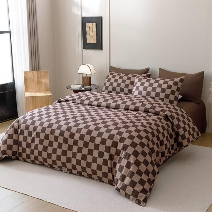 CLOTHKNOW Dark Brown Grid California King Comforter Set Plaid Bedding Comforter Sets Checkered Comforter Soft Geometric Comforter with 2 x Pillow Cases