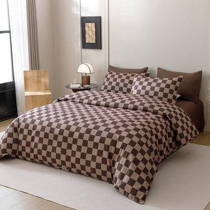 CLOTHKNOW Dark Brown Plaid Queen Comforter Set 3Pcs Grid Bedding Comforter Sets Soft Checkerboard Comforter Geometric Comforter with 2 x Pillow Cases