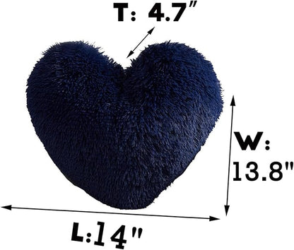 MorroMorn Fluffy Heart Throw Pillows, Shaggy Decorative Pillow for Sofa Couch Bed, Cute Room Decor Decorations for Women Girls Kids (Navy)