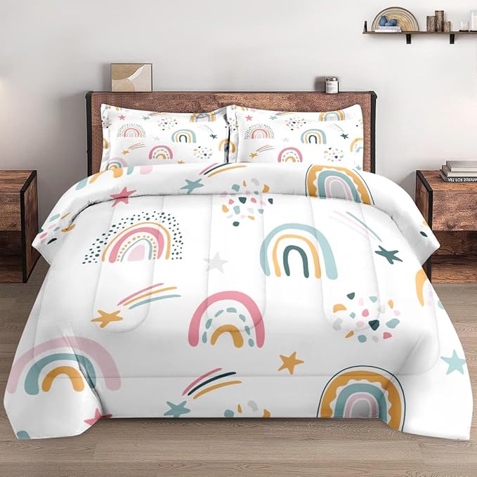 Full Size Comforter Set with 2 Pillowcases, Boho Rainbow Kids Cute Nursery Sweet Soft 3 Pcs Bedding for Kids and Adults Bedroom Bed Decor