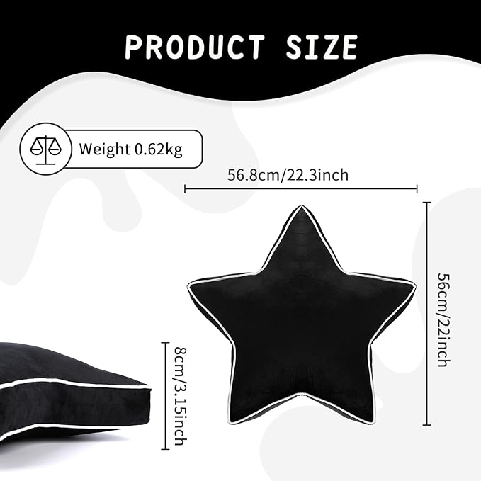 Star Pillow - Decorative Throw Pillows Floor Cushion Accent Pillow for Sofa Bed Couch Bedroom Black