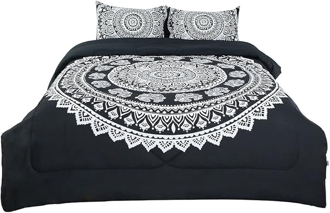 uxcell 3-Piece Bohemian Black Comforter Sets - 3D Printed Bohemia Themed - All-Season Down Quilted Duvet - Reversible Design - Includes 1 Comforter, 2 Pillow Cases Queen