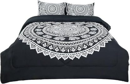 uxcell 3-Piece Bohemian Black Comforter Sets - 3D Printed Bohemia Themed - All-Season Down Quilted Duvet - Reversible Design - Includes 1 Comforter, 2 Pillow Cases Queen