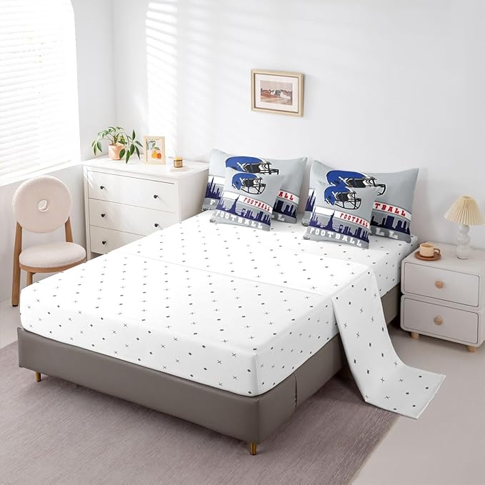 Erosebridal Football 7 Pcs Comforter Set King Football Fans Bedding for Kids Football City Sheet Set Bed in A Bag Grey Blue Rugby Competition Room Decor Sports Ball Game Quilt
