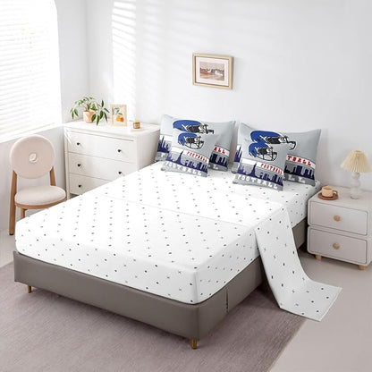 Erosebridal Football 7 Pcs Comforter Set King Football Fans Bedding for Kids Football City Sheet Set Bed in A Bag Grey Blue Rugby Competition Room Decor Sports Ball Game Quilt