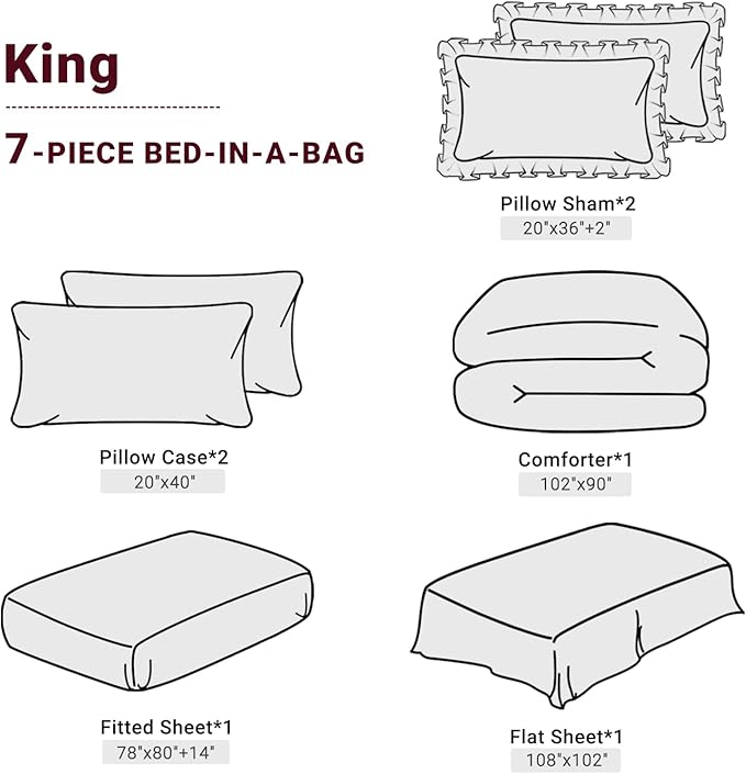 JOLLYVOGUE King Size Comforter Set 7 Pieces, Dark Red Bed in a Bag Comforter Set for Bedroom, Beddding Sets with Comforter, Sheets,Ruffled Shams & Pillowcases