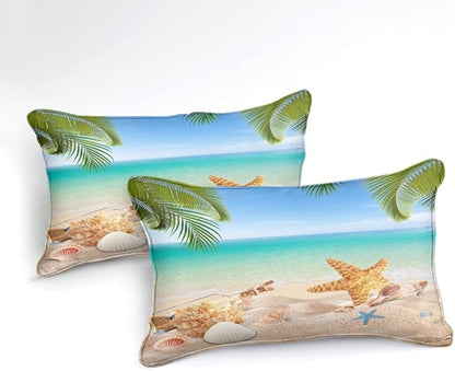 MOVE OVER Beach Theme Bedding Set California King Ocean Comforter Set Hawaii Scenery Sea Conch Sea Star and Shells Pattern Design Tropical Palm Tree Pattern Coastal Bedding Set for Summer