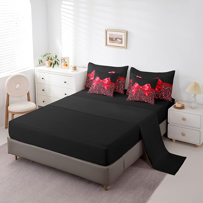 Feelyou Red Bowknot 7 Piece Bedding Set Queen Size Glitter Print Comforter Set with Sheets for Kids Girls Adult Cute Bowknot Bed in a Bag Black Silver Bed Set
