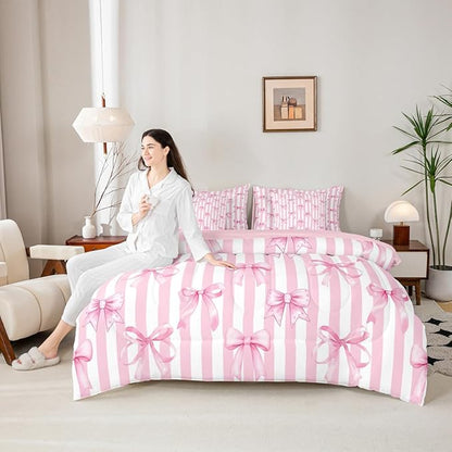 Erosebridal Pink Bow Stripe Bowknot Girls 7 Piece Bedding Set Twin | Ribbon Cute Kawaii Comforter Set with Sheets Dreamy White Bed in A Bag Kids Teens Women Bed Sets