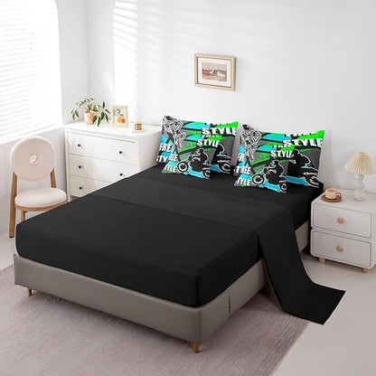 jejeloiu Boys Dirt Bike Racer 7 Piece Bedding Set King Size Motocross Hip Hop Comforter Set with Sheets for Kids Adult Motorcycle Sport Bed in a Bag Blue Green Bed Set