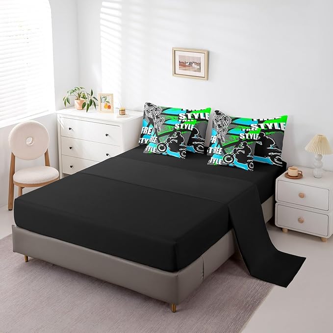 jejeloiu Boys Dirt Bike Racer 7 Piece Bedding Set Full Size Motocross Hip Hop Comforter Set with Sheets for Kids Adult Motorcycle Sport Bed in a Bag Blue Green Bed Set