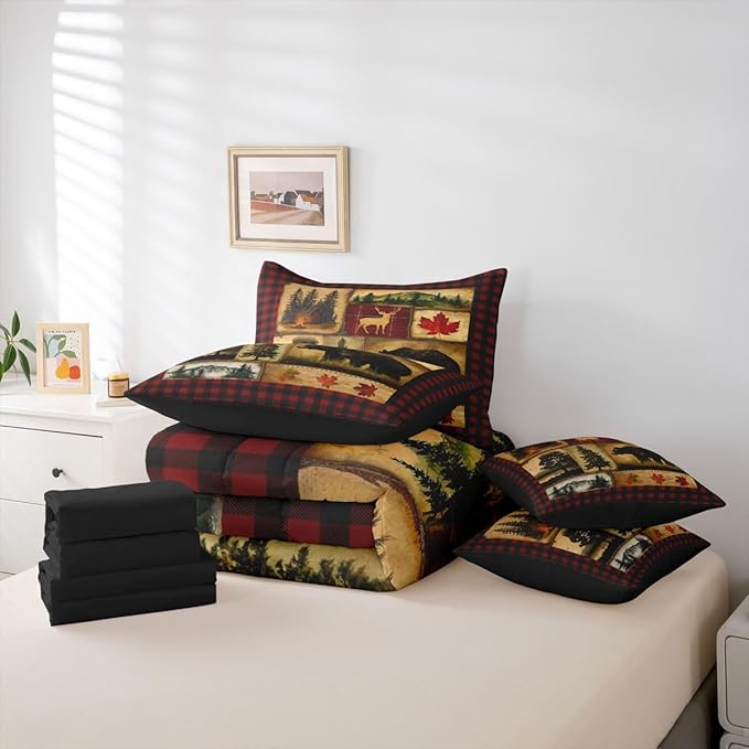 Erosebridal Bear Cabin Plaid 7 Piece Comforter Set Queen,Rustic Farmhouse Bed in a Bag,Retro Hunting Deer Bedding,Country Woodland Pine Tree Quilt Set,Maple Leaf Lodge Fitted Sheet,Red Black Brown