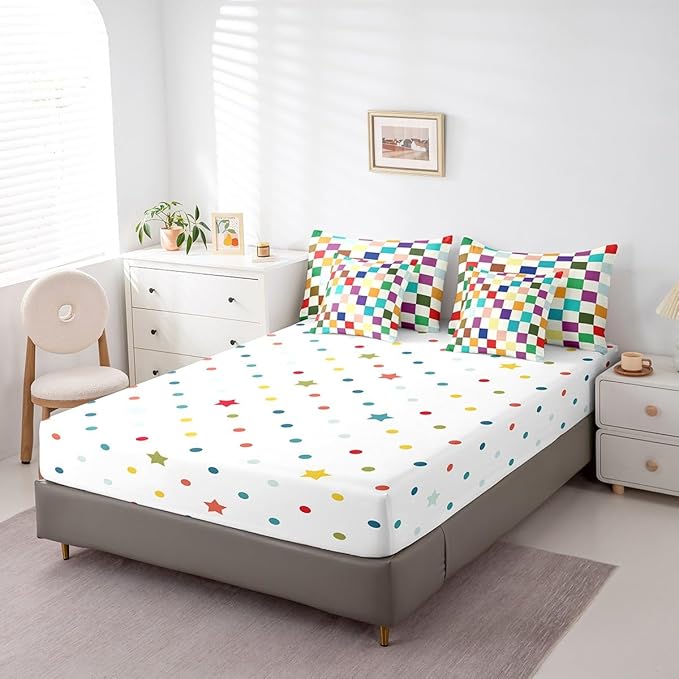 Feelyou Colorful Checkered Retro 7 Piece Bedding Set Kids Boys Girls Modern Geometric Cute Comforter Set with Sheets King Size Beige Colorful Bed in a Bag Vintage Simple Groovy Aesthetic Room Decor