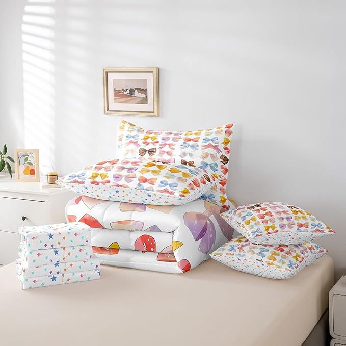 Feelyou Colorful Bow Comforter Set with Sheets Queen Size Kids Bowknot 7 Pieces Bedding Set for Boys Girls Teens Gift for Girls Women Bed in a Bag Breathable Princess Décor Bed Set
